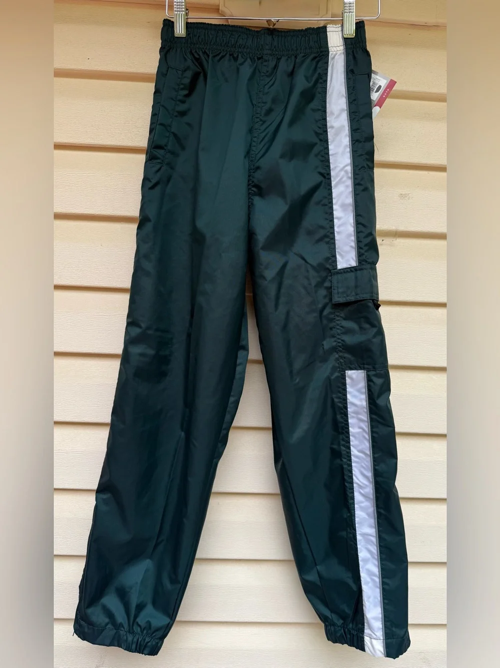 NWT ProSpirit Boys Large 10-12 Forest Green Nylon Track Wind Pants White Stripe